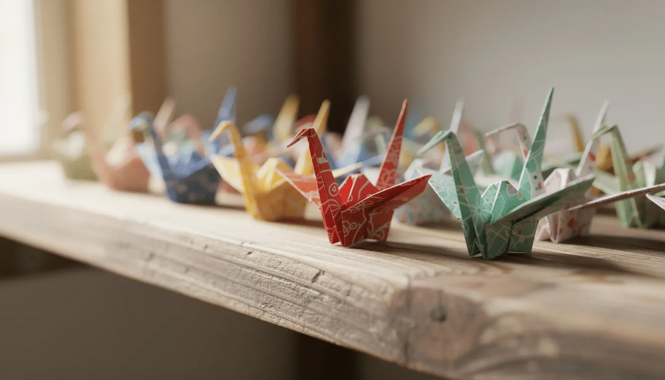 A row of small colorful origami cranes sits neatly on a wooden shelf adding a creative touch to the room decor These cute paper crafts serve as a wonderful way to brighten up the space and inspire DIY decoration ideas