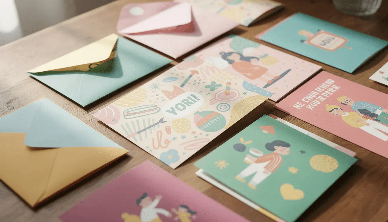 A colorful assortment of modern greeting cards is spread across a wooden table accompanied by matching envelopes showcasing various designs that celebrate life's special moments and occasions for friends and loved ones. This vibrant display invites customers to explore their options and find the perfect card to express their feelings.