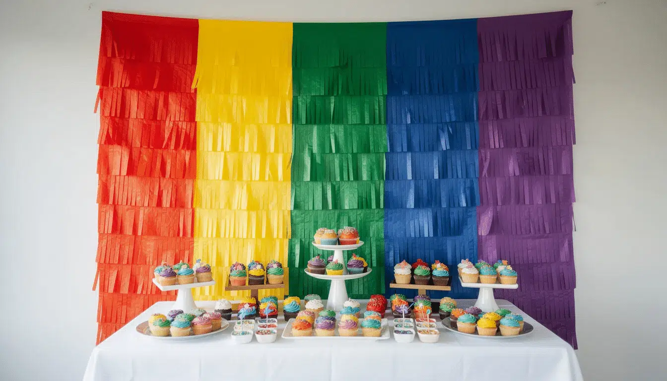 2aae1c47 a435 4223 8127 555e1989defc The image features a vibrant tissue paper fringe backdrop in rainbow stripes elegantly draped behind a dessert table adorned with colorful cupcakes This cheerful setup is perfect for celebrations such as birthday parties or baby showers showcasing the creative use of leftover tissue paper in festive decorations
