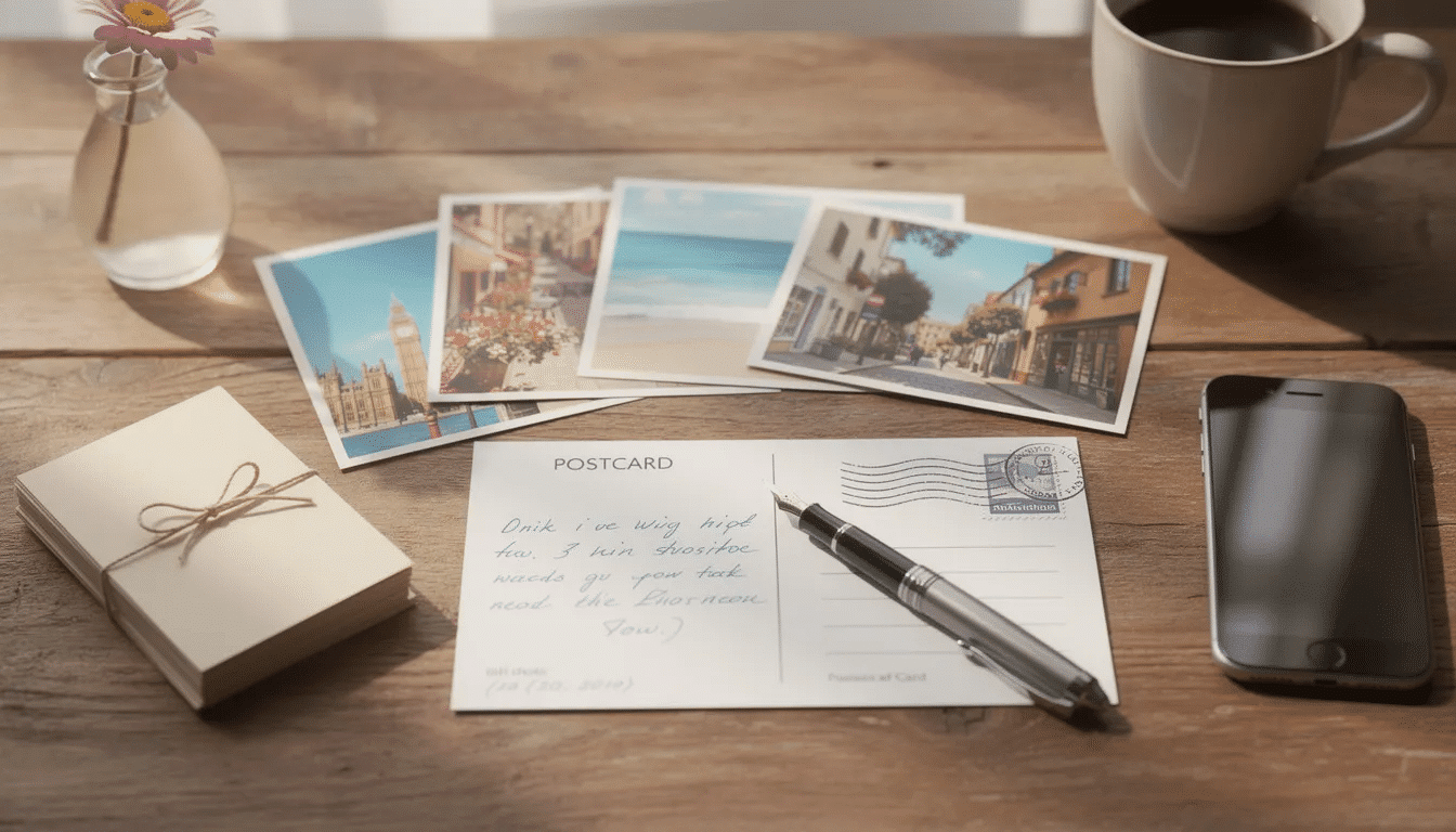 342e967a db57 487a 84b4 2d9fe7906387 An assortment of colorful postcards featuring various designs including local landmarks and personal photos is displayed on a wooden table Each postcard showcases a unique style inviting you to write a personal message and send postcards to friends and family around the world