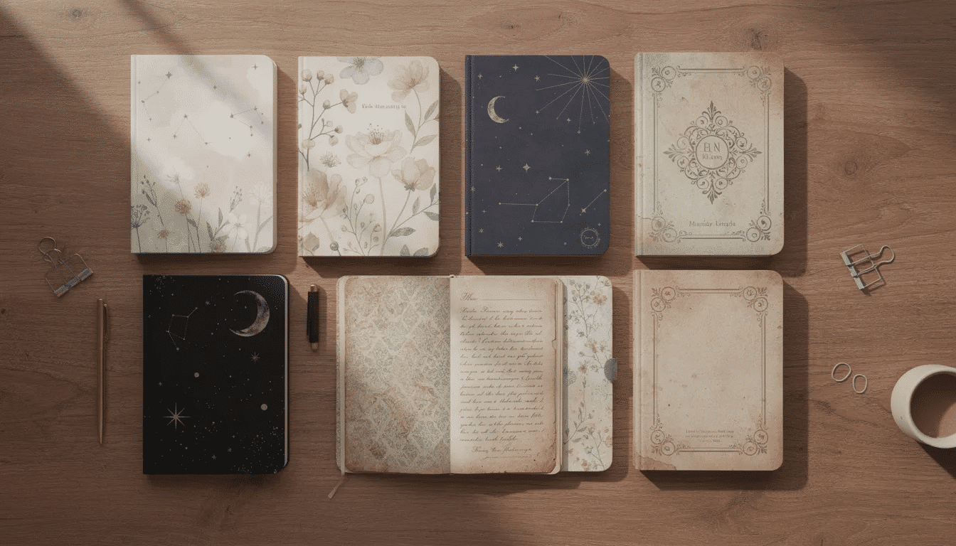 35180b6b 6902 4bcb b4c3 a1fa2bfd26d6 A flat lay arrangement showcases a variety of beautifully designed journal covers featuring floral celestial and vintage patterns all displayed on a wooden desk surface This collection of bullet journals and notebooks highlights their elegance and beauty making them a perfect gift for anyone looking to enhance their creativity and organize their thoughts