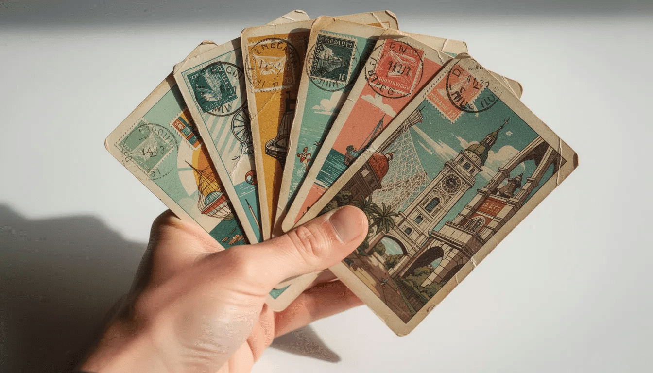 54d8f005 ba6b 45ac b667 bbafb9054cde A hand is holding a fan of colorful vintage postcards each showcasing unique designs and illustrations reminiscent of local landmarks This collection of postcards perfect for sending personal messages to friends and family highlights the joy of mail and the art of creating your own postcard