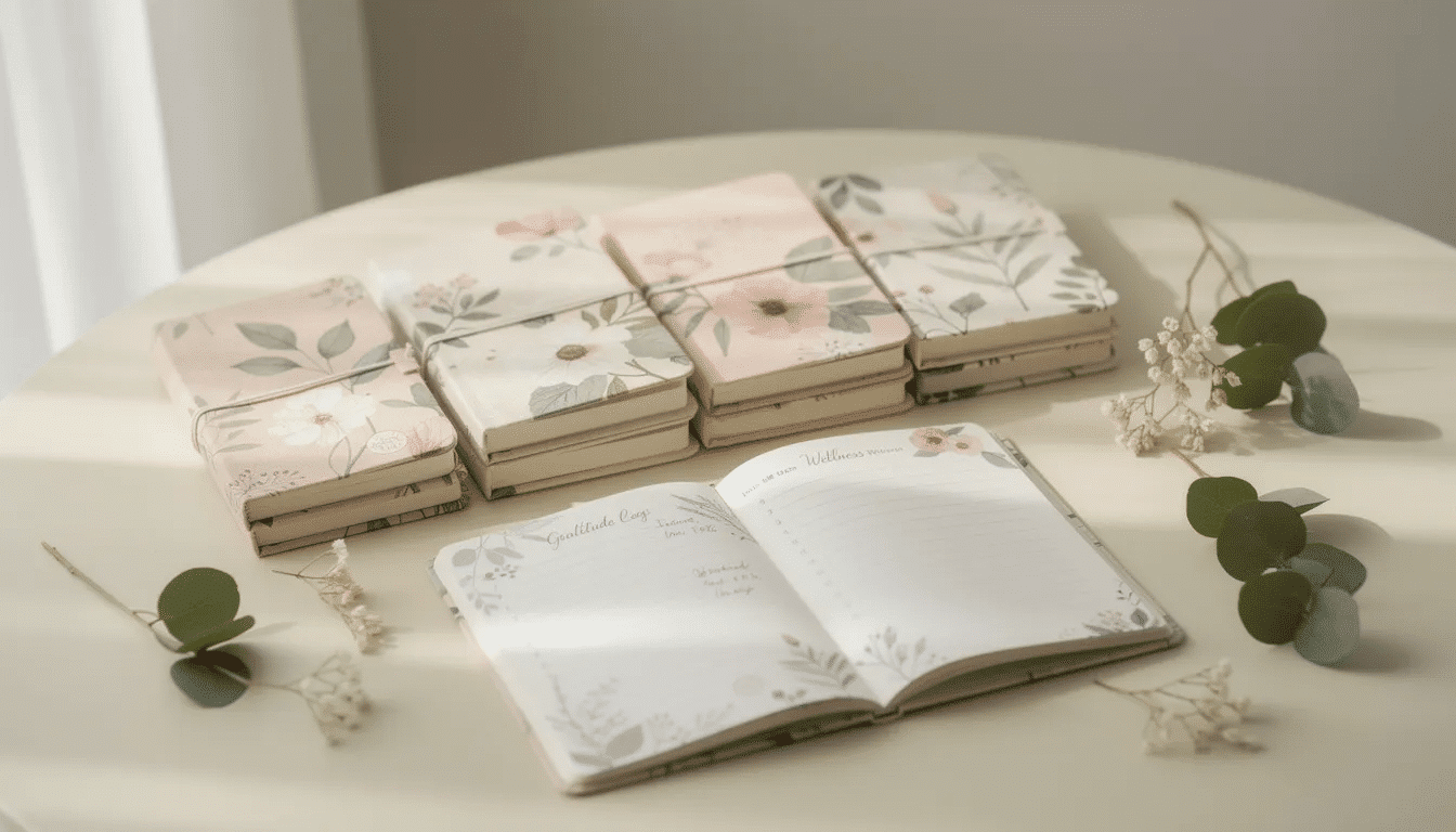 5bd5faa1 9c7e 4bef b6d5 b31613bad035 The image showcases a collection of floral and botanical journals adorned with delicate flowers and leaves in soft cream blush and sage green tones These beautifully designed notebooks are perfect for gratitude logs wellness tracking and reflective writing offering a calming aesthetic that inspires creativity and elegance