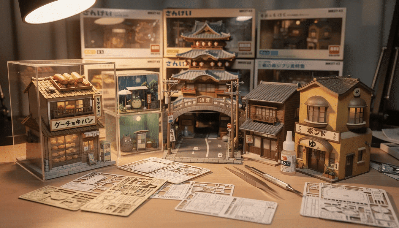 The image showcases a variety of Sankei Miniatuart and Studio Ghibli paper model kits featuring intricate designs such as the Guchokipan bread shop and the Spirited Away bathhouse These kits perfect for anime fans and hobbyists highlight the creativity and detailing involved in assembling miniature buildings from Japan's rich cultural history.