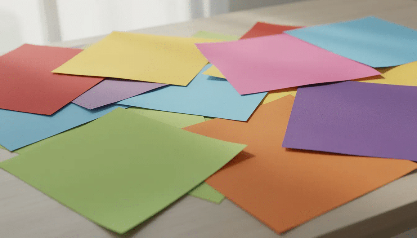 The image shows a vibrant assortment of colorful construction paper sheets scattered across a table featuring various bright colors such as red blue yellow and green This setup is ideal for engaging in easy construction paper crafts and fun paper projects perfect for kids to enhance their fine motor skills