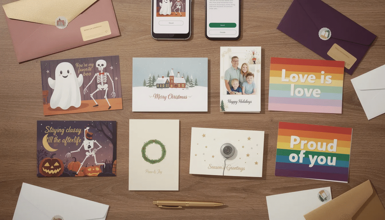 A collection of trendy holiday greeting cards is displayed showcasing various designs for occasions like Halloween Christmas and Pride Month The cards feature playful illustrations such as humorous ghosts elegant skeletons and vibrant rainbow themes all aimed at celebrating life's special moments with friends and loved ones.