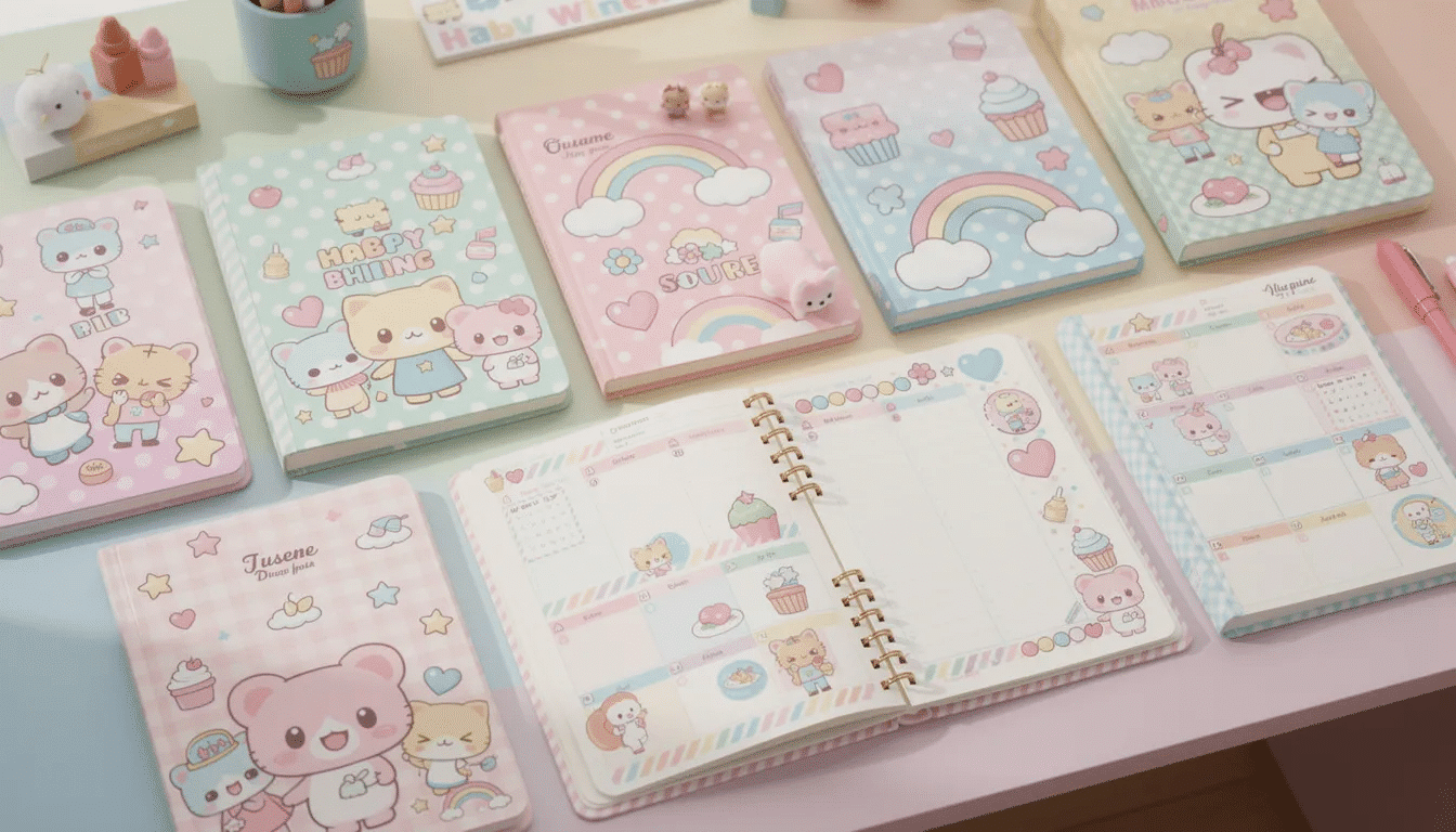 6dad871a 56d6 4afb 9821 d83273f40b9e The image features a collection of whimsical kawaii journals adorned with bright colors cute characters and playful patterns perfect for inspiring creativity and lighthearted planning These beautifully designed notebooks are ideal for jotting down notes ideas and important thoughts making them a great gift for younger journalers or anyone looking to add a touch of elegance to their work