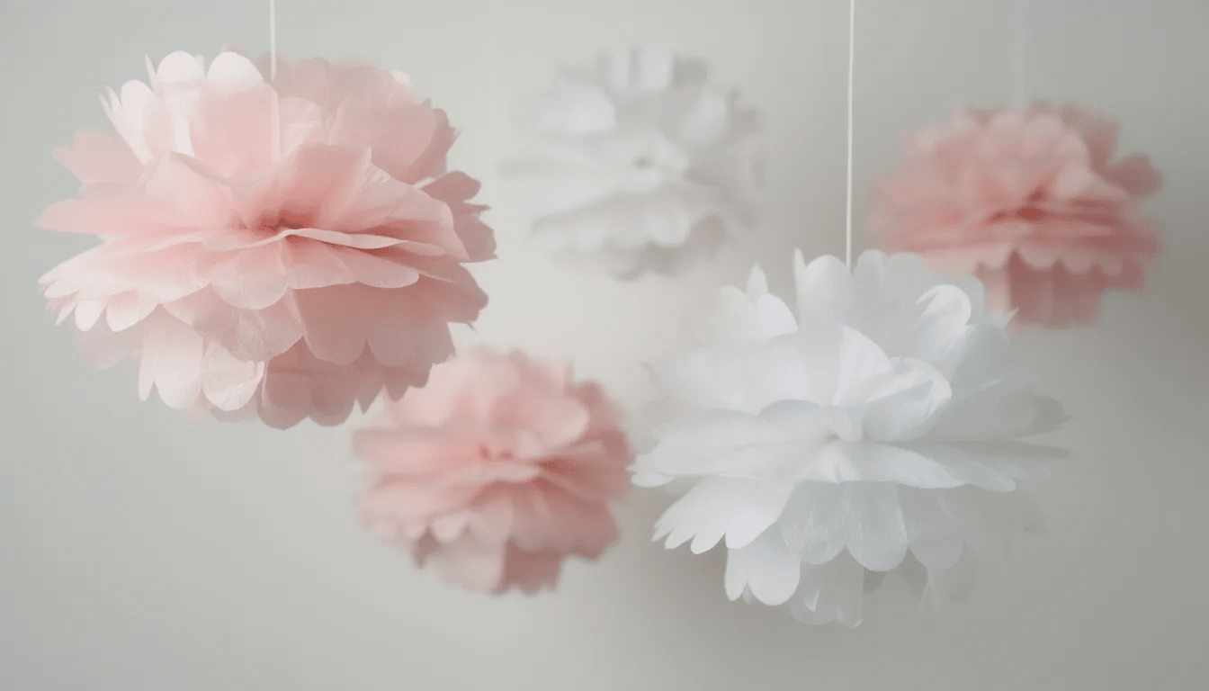 6ecb4f15 d9c1 4066 a7b2 d2efa2b07a4f The image features adorable tissue paper pom poms in pastel pink and white colors perfect for adding a cute touch to any birthday party or home decor These super easy paper decorations can be made using simple DIY methods making them a fun project for kids and adults alike