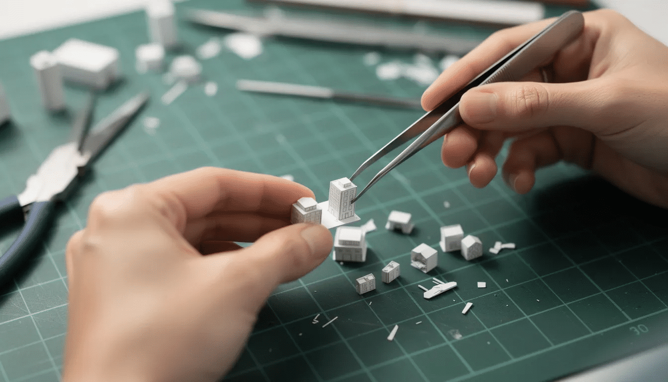 A close up image showcases hands delicately using tweezers to position small paper building parts on a cutting mat highlighting the intricate detailing and creativity involved in assembling Japanese paper model kits The scene captures the essence of crafting as the fingertips carefully manipulate the pieces emphasizing the fun and patience required in this artistic endeavor