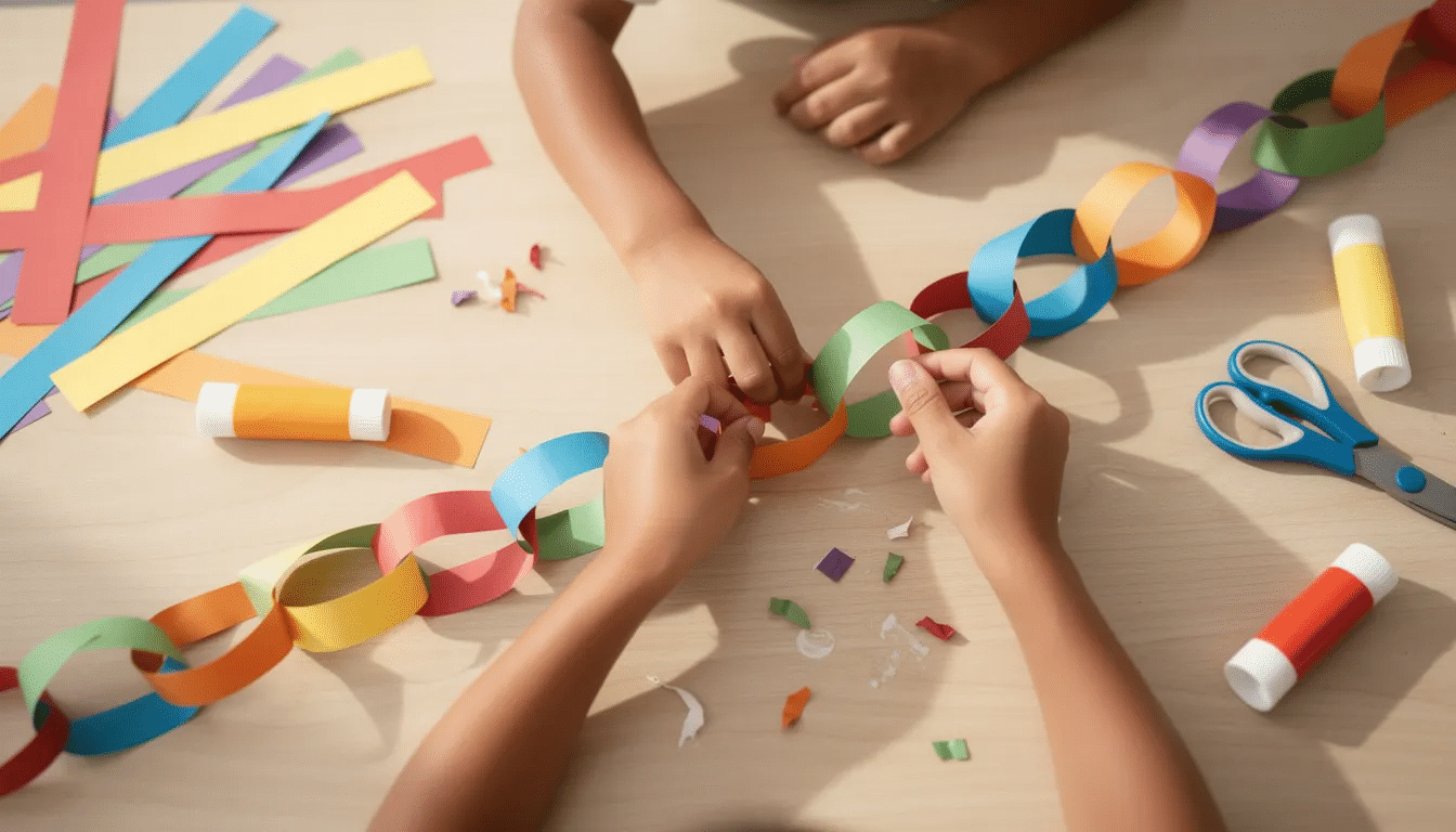 Children's hands are busy creating colorful paper chain loops on a craft table, using vibrant strips of construction paper. This engaging activity promotes fine motor skills and is a fun project for kids to enjoy together.