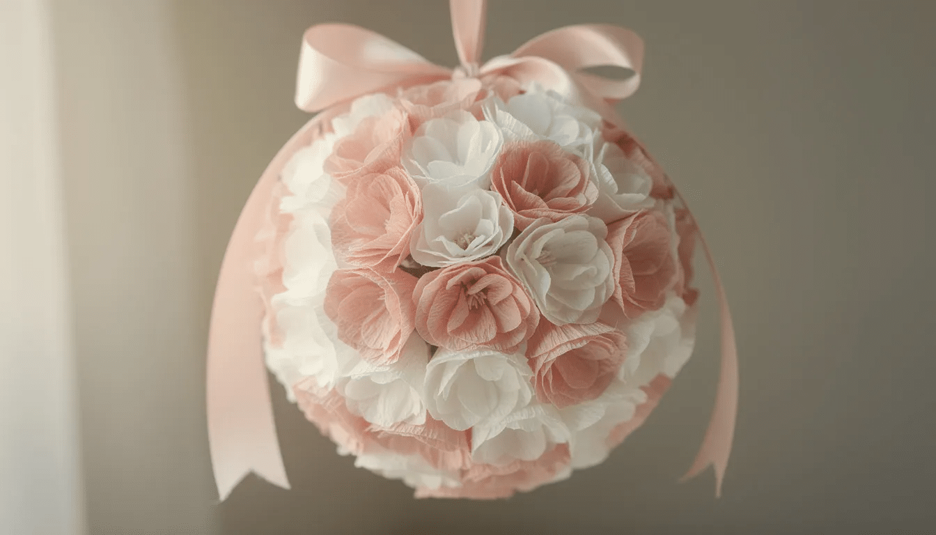 8152e276 4326 4a08 9df2 07f8c72dbe7d A round pomander ball adorned with pink and white tissue paper flowers hangs gracefully from a satin ribbon showcasing a delightful tissue paper craft perfect for birthday parties or baby showers The lightweight decoration features vibrant colors and intricate shapes adding a festive touch to any celebration