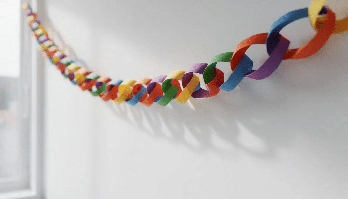 83181a93 848f 402a b2b3 9f515d98dab3 A colorful paper chain garland hangs across a white wall adding a cheerful touch to the decor perfect for a birthday party or any festive occasion This DIY paper decoration showcases vibrant patterns and is an easy craft idea that can brighten up any room