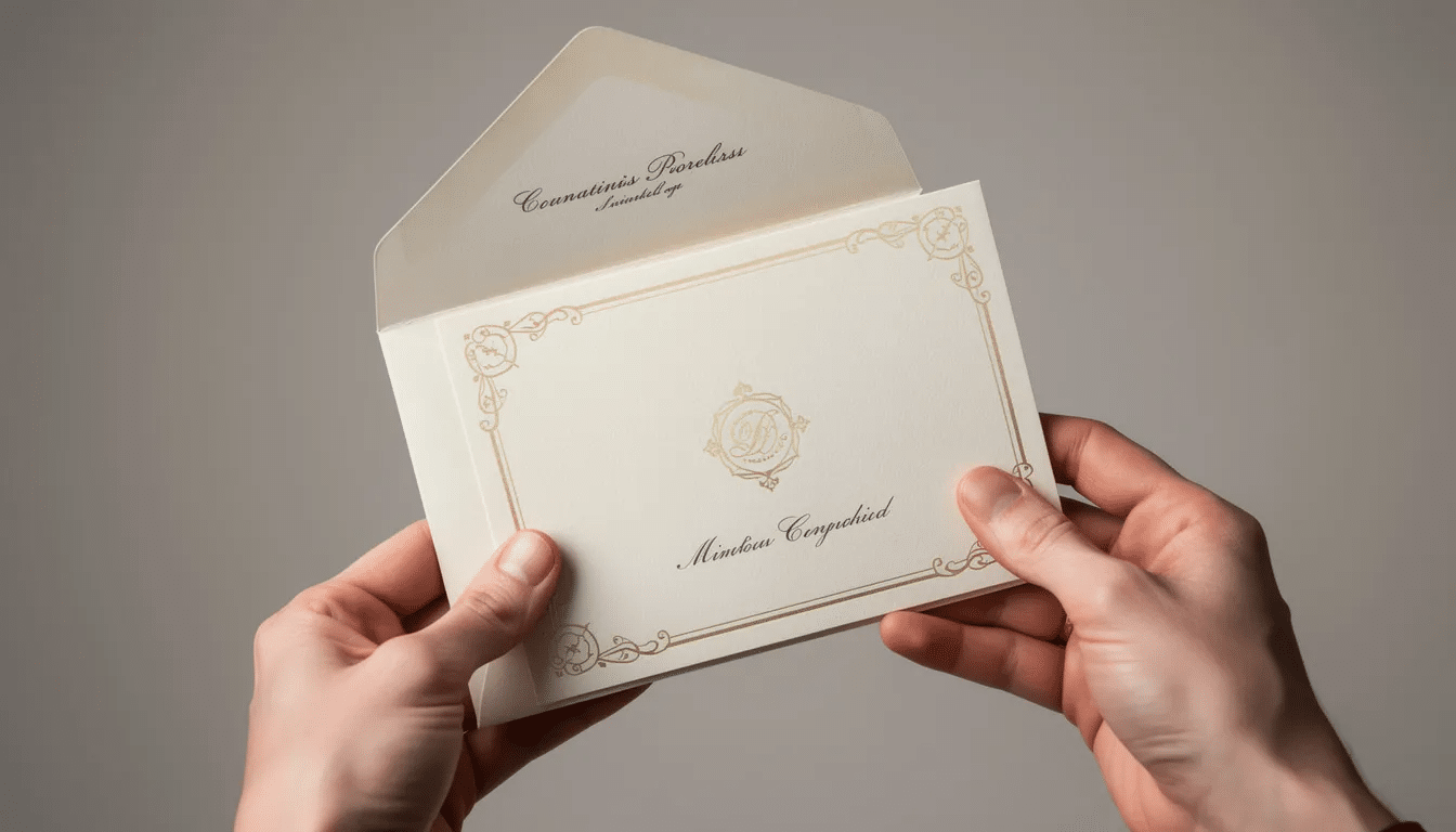 A pair of hands delicately holds an elegant greeting card adorned with shimmering gold foil details accompanied by a beautifully handwritten envelope perfect for celebrating special moments with friends and loved ones This stylish card is designed to inspire joy and convey heartfelt messages for any occasion