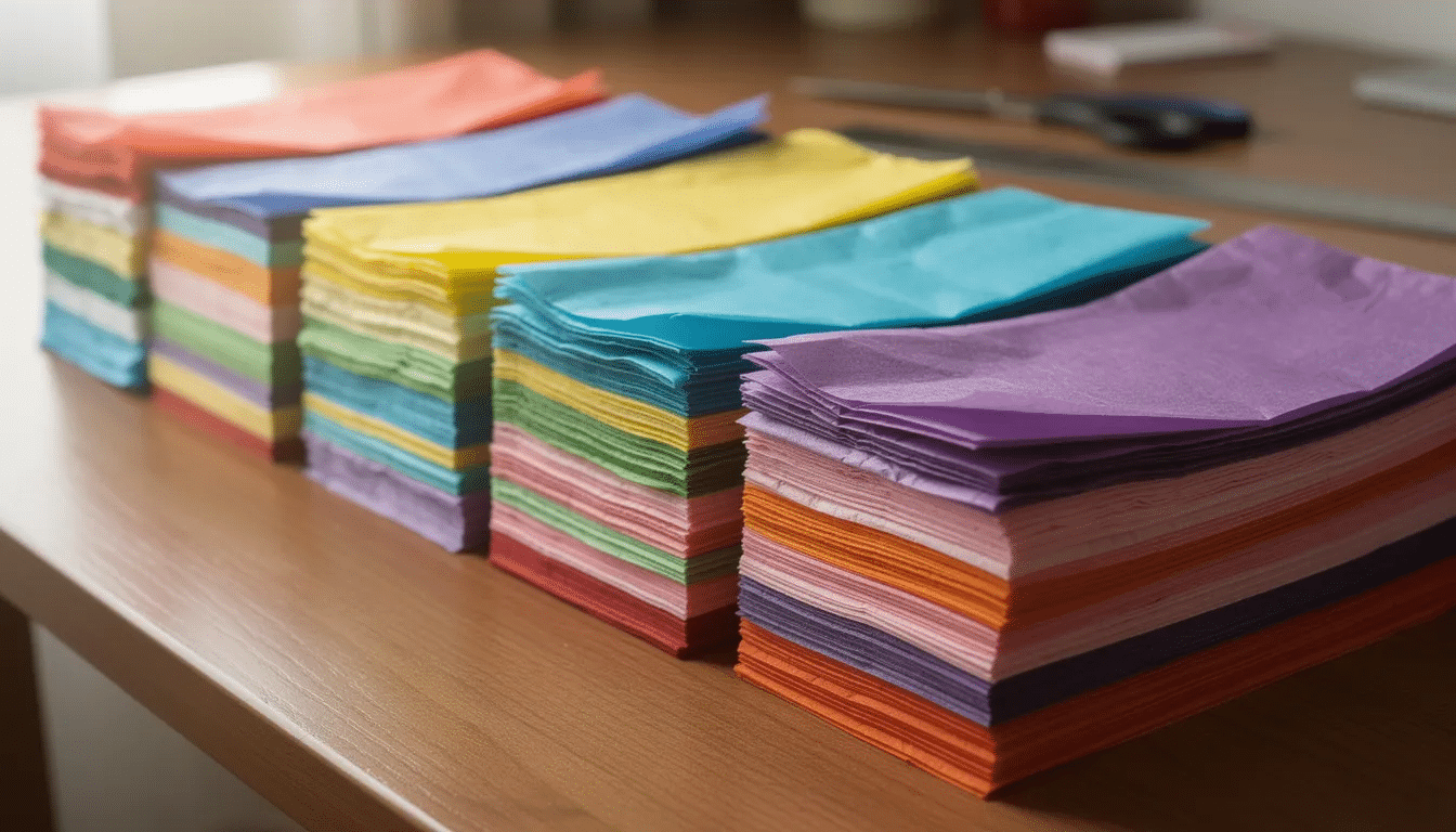 8ad5da09 3b82 4c1e 82c7 5ed942a715e7 The image features colorful stacks of folded tissue paper sheets in various hues neatly arranged on a craft table perfect for creating tissue paper flowers and pom poms for birthday parties and baby showers This vibrant display showcases the versatility of leftover tissue paper for crafting decorative items like garlands and paper flowers