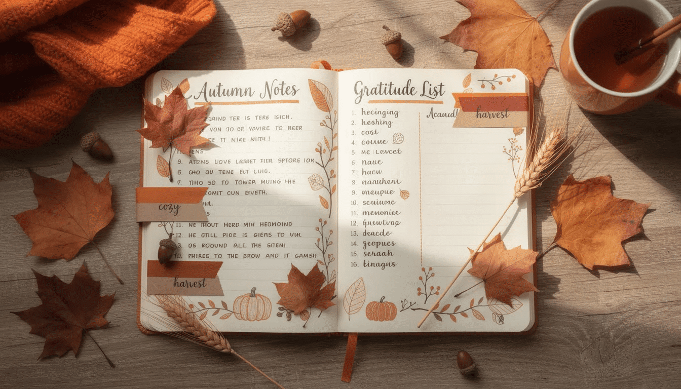 8cbd6a23 8ffd 43b8 b406 a8e07dfda10e The image features a beautiful journal spread designed with a seasonal autumn theme showcasing orange and brown decorations leaf illustrations and handwritten text This elegant collection of bullet journals captures the essence of fall making it a perfect gift for those who appreciate creativity and beauty in their notes and ideas