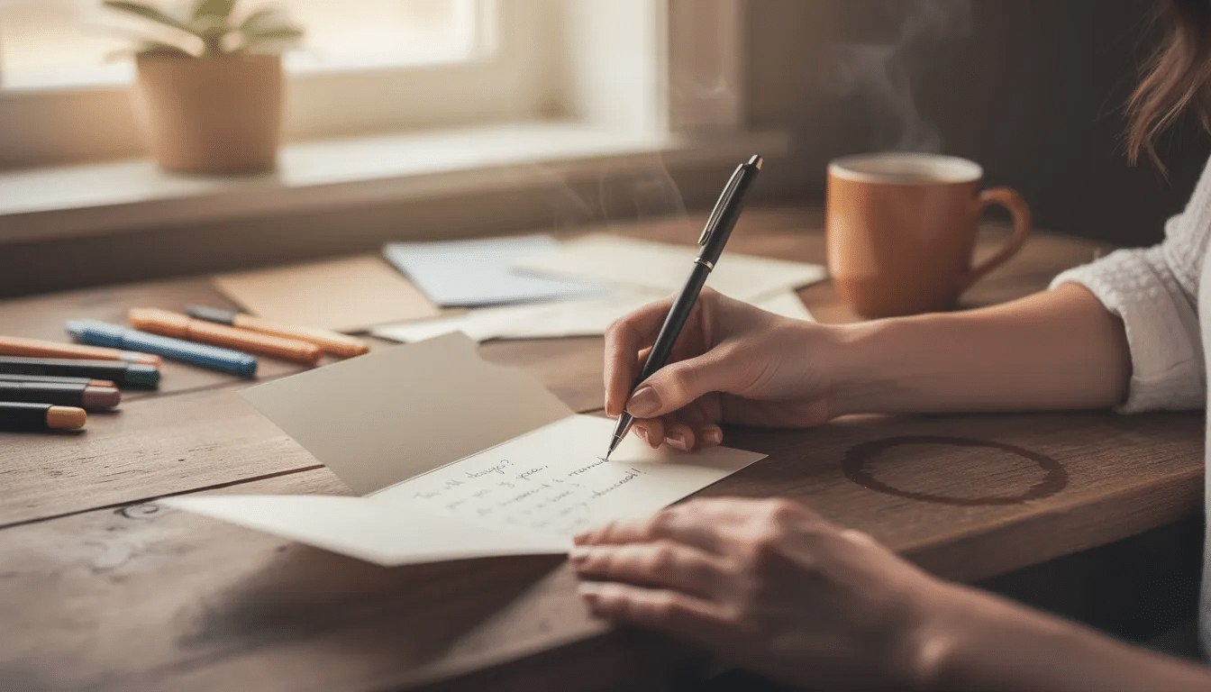 A person sits at a desk writing a heartfelt message inside a greeting card with a pen accompanied by a steaming cup of coffee This scene captures the essence of celebrating life's special moments and the love shared among friends and family.