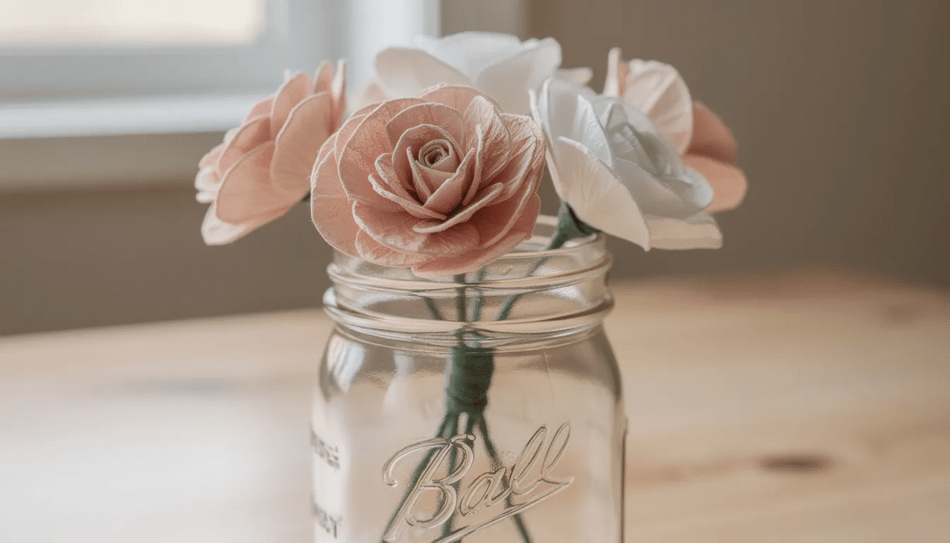 A glass mason jar filled with handmade paper flowers in soft pink and white colors serves as a charming decoration for a room offering a cute and creative touch to any space This delightful arrangement is a wonderful way to brighten up your home decor with DIY paper crafts