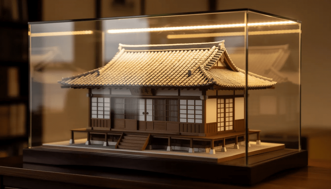 The image showcases a completed Japanese paper model building displayed in a glass case illuminated by warm LED lighting highlighting the intricate detailing and layers of the model This captivating piece perfect for anime fans and lovers of creativity reflects the fun and artistry involved in assembling paper kits reminiscent of origami