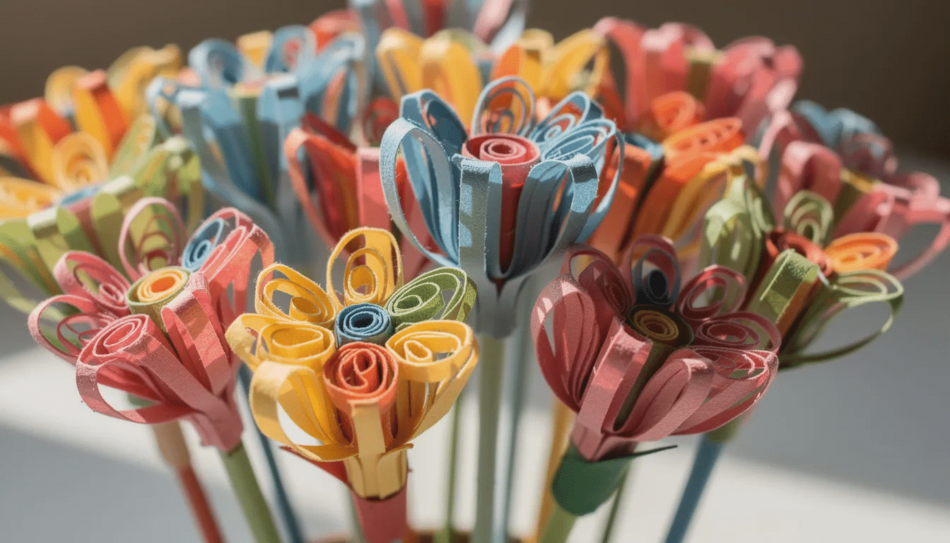 The image features colorful paper flowers made from curled strips of construction paper standing upright in a cheerful display This vibrant paper craft showcases the creativity and fun of easy construction paper crafts perfect for kids to enhance their fine motor skills