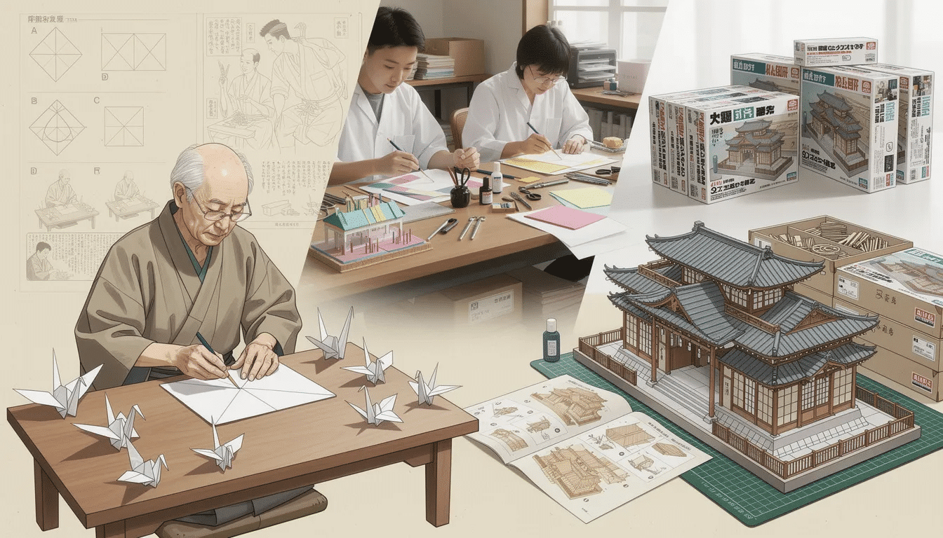 The image showcases a variety of Japanese paper model kits featuring intricate designs inspired by origami and anime characters These kits produced by companies like Sankei include detailed pieces that enthusiasts can assemble using glue and tweezers reflecting the rich history and creativity of paper crafting in Japan