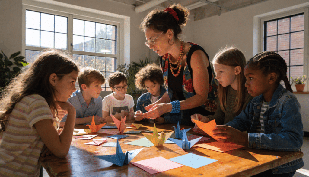 An instructor is teaching a group of children at a table filled with colorful origami paper and completed paper cranes showcasing various origami designs The scene captures the joy of creativity and learning as the kids engage in fun paper folding activities during their origami class