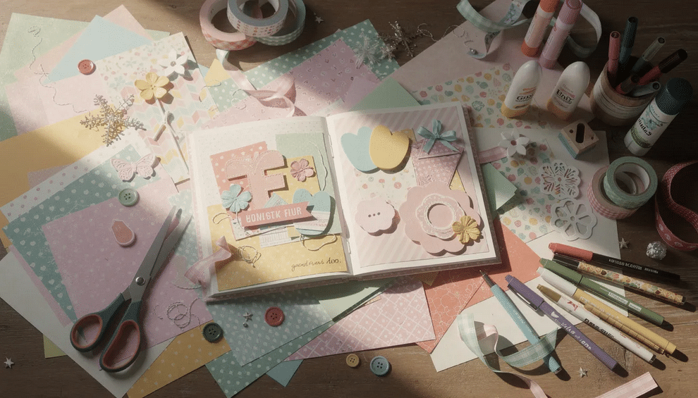 Colorful scrapbook A vibrant array of colorful scrapbook papers and crafting supplies is spread across a table showcasing various materials such as page protectors embellishments and tools for creating scrapbook pages This scene captures the essence of the creative process inviting inspiration for preserving memories and stories in different scrapbook styles