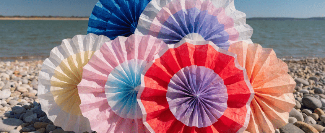 Tissue paper fans on a beach