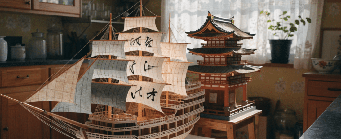 Japanese paper models on a table
