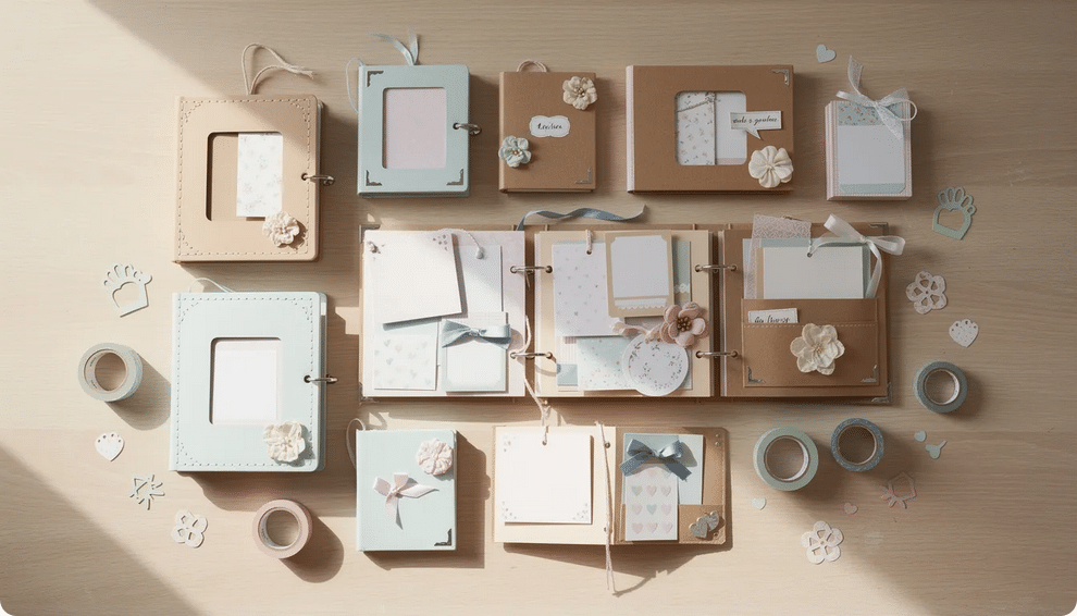 Mini scrapbook The image showcases a variety of mini and specialty scrapbook sizes featuring different styles such as post bound and three ring albums It highlights how these scrapbook pages can creatively preserve memories and stories for future generations with options for page protectors and embellishments to enhance the creative process