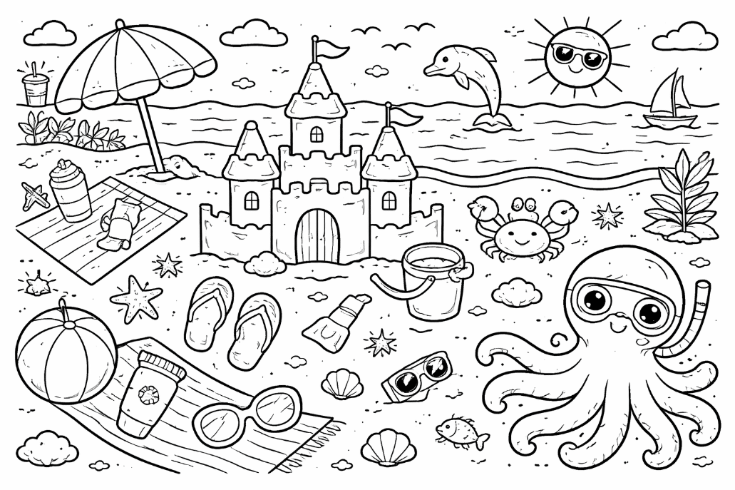 Octopus line art A scene of an octopus on a beach line art