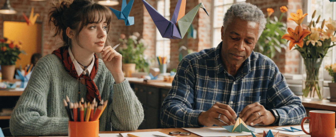Two people sitting next to origamis