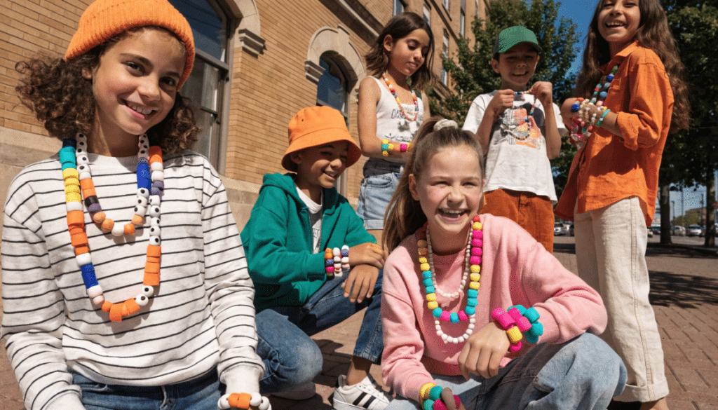 Paper bead children A group of happy children is wearing colorful handmade jewelry including necklaces and bracelets made from recycled paper beads They showcase their creative designs which feature vibrant patterns and textures from paper strips highlighting the fun of crafting with a paper bead making kit