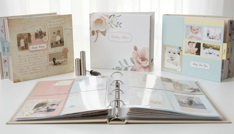 Post bound scrapbook The image depicts a post bound scrapbook showcasing its unique spine design with metal posts and machine screws that hold page protectors securely in place This scrapbook style allows for easy expansion making it ideal for preserving memories in long term family history albums or wedding scrapbooks that grow with special updates