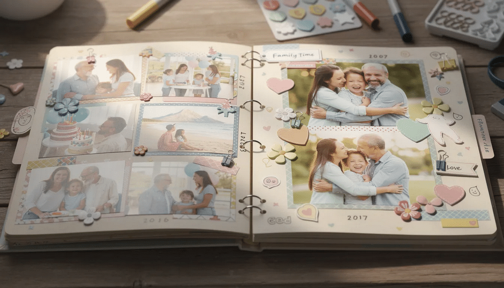 Scrapbook album An open scrapbook album displays vibrant family photos alongside decorative elements and embellishments on the scrapbook pages showcasing cherished memories and creative storytelling The colorful layout invites viewers to explore the family's history and the creative process behind preserving these special moments for future generations.