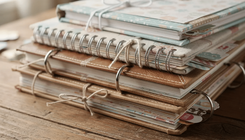 Scrapbook collection A collection of various scrapbook albums is stacked on a wooden table showcasing different sizes and binding styles including post bound and book bound options These albums designed to preserve memories and tell stories feature page protectors and embellishments reflecting the creative process of scrapbooking