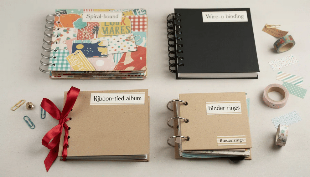 Scrapbook showcase The image showcases various alternative scrapbook types including spiral bound albums that allow pages to lie flat for easy viewing wire o binding for a professional look decorative ribbon tied albums perfect for themed mini books and binder rings for quick assembly of scrapbook pages Each style offers unique creative possibilities for preserving memories and showcasing photographs