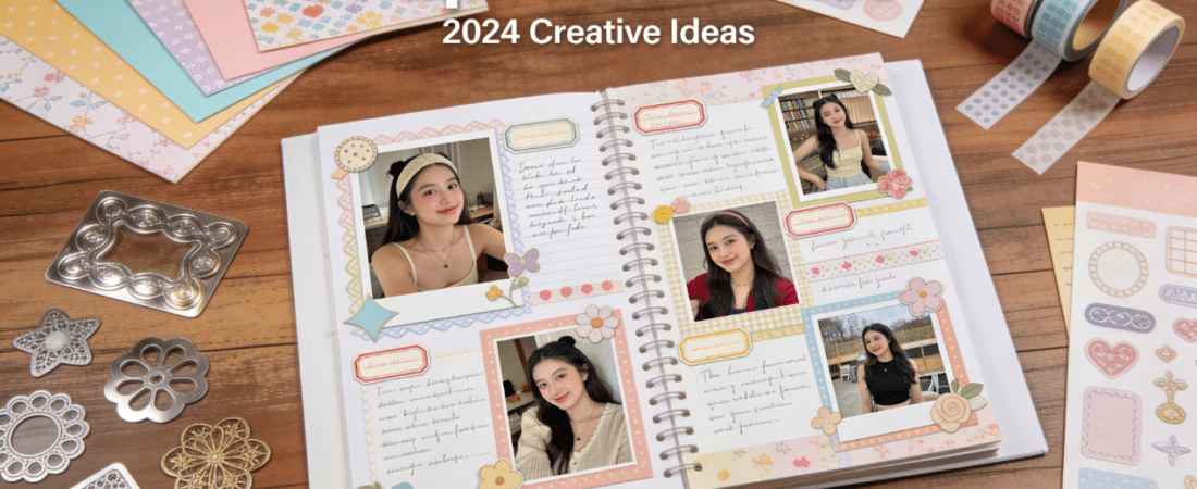 An open scrapbook on a table