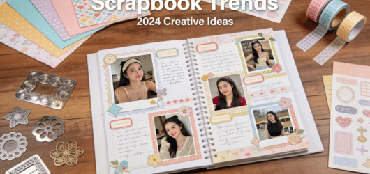 An open scrapbook on a table