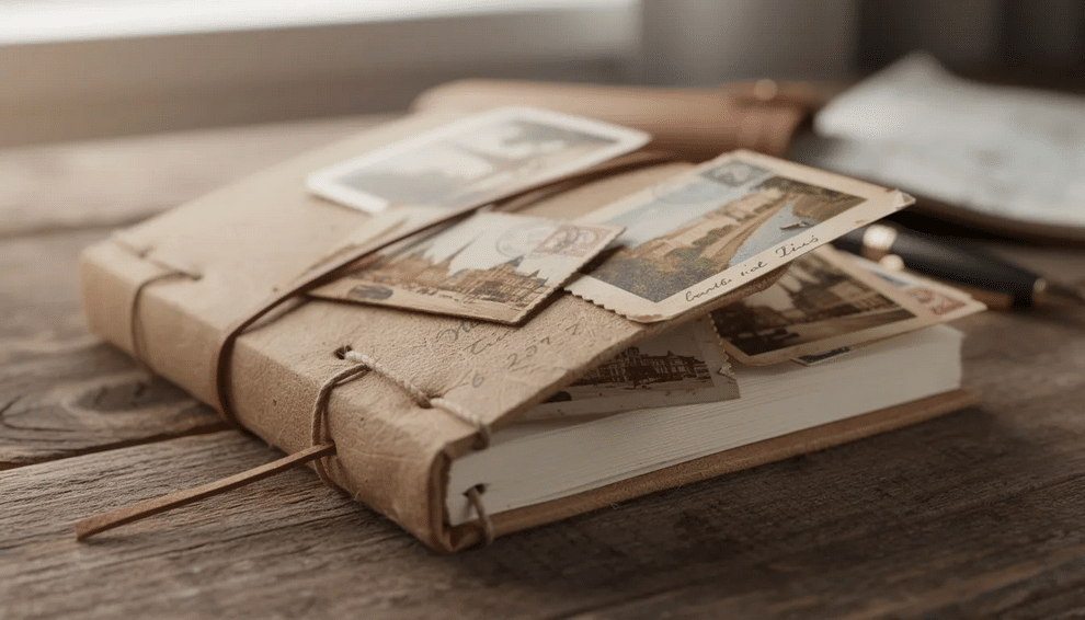 Travel journal A small handmade travel journal featuring scrapbook pages filled with photographs and vintage postcards tucked inside showcasing a creative way to preserve memories and family history for future generations The journal's cover is adorned with embellishments, adding a personal touch to this unique collection.