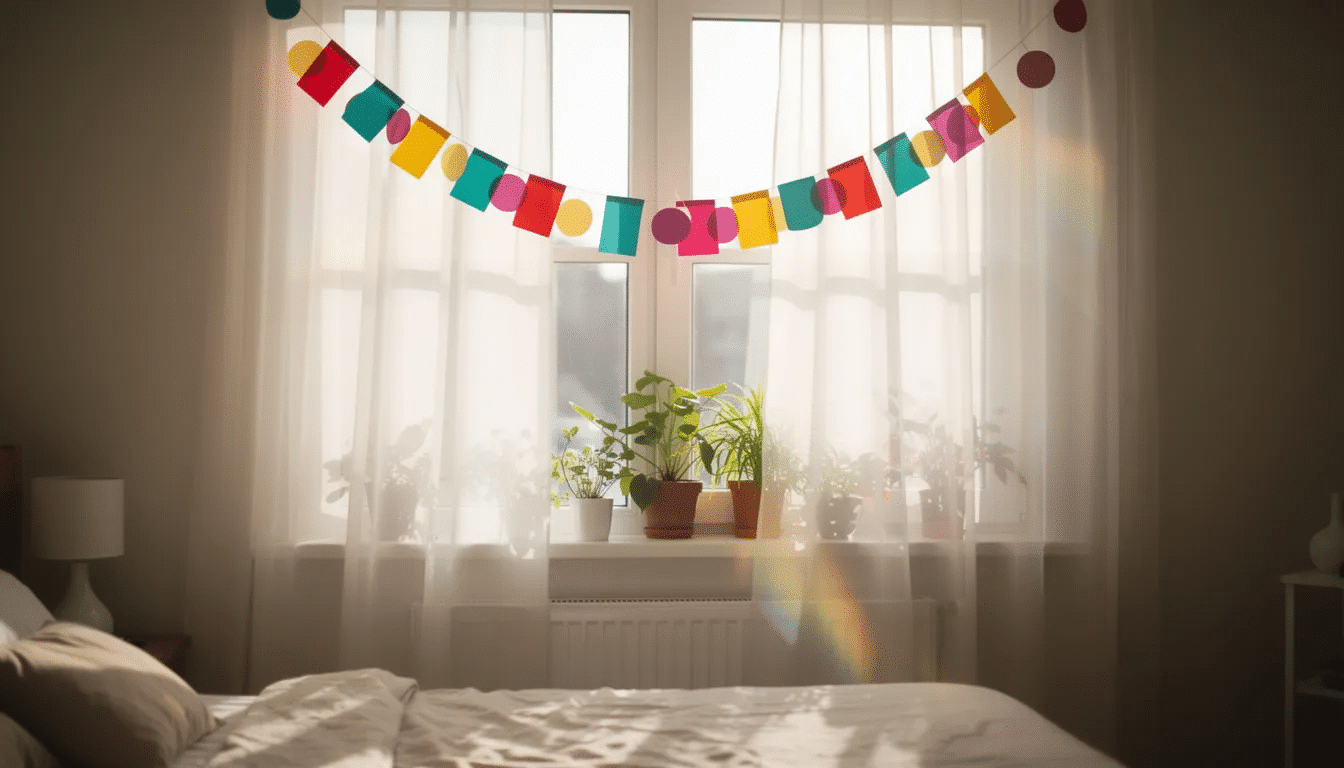 A colorful paper garland featuring cute paper butterflies hangs across a bedroom window allowing natural light to stream through and brighten the room This creative decoration adds a wonderful touch to the space making it a super easy and fun way to enhance room decor ideas