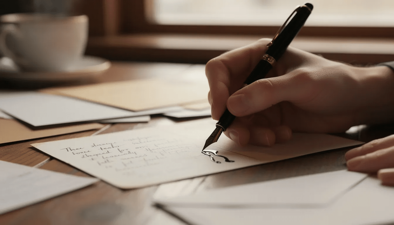 B7fa5bd7 d5be 454f 80b9 b848d70f1b24 A close up view of a person's left hand holding a fountain pen, as they write a handwritten message on a postcard resting on a wooden café table. The postcard features a design that could include local landmarks, perfect for sending to friends and family as a personal message.
