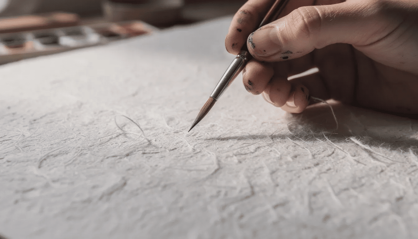 A close up image shows an artist's hand delicately holding a brush above textured watercolor paper, highlighting the visible fibers that characterize fine art papers. This intimate moment captures the essence of the artist's process, showcasing the materials used to bring their creative vision to life.