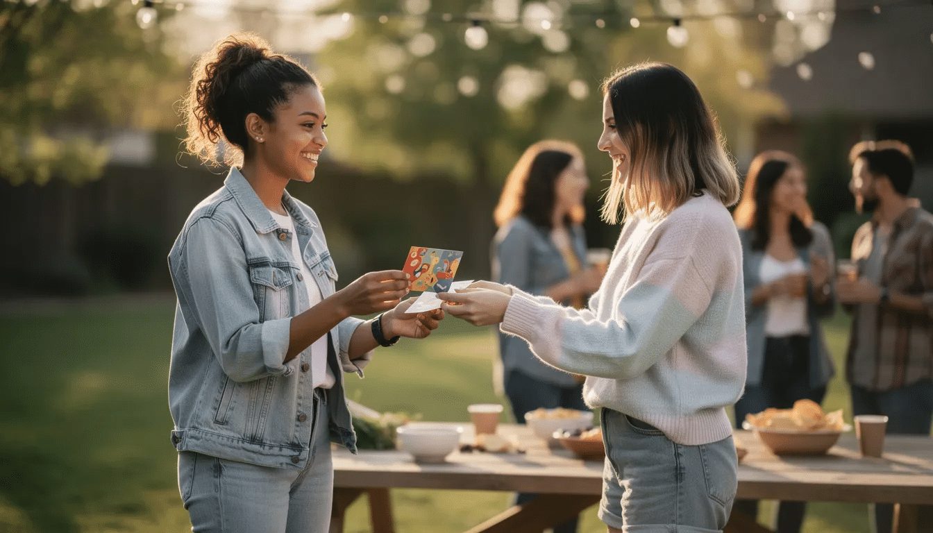 Two friends are joyfully exchanging a colorful greeting card at a casual outdoor gathering celebrating life's special moments together. The vibrant card reflects their friendship and the occasion, adding a touch of love to their day.