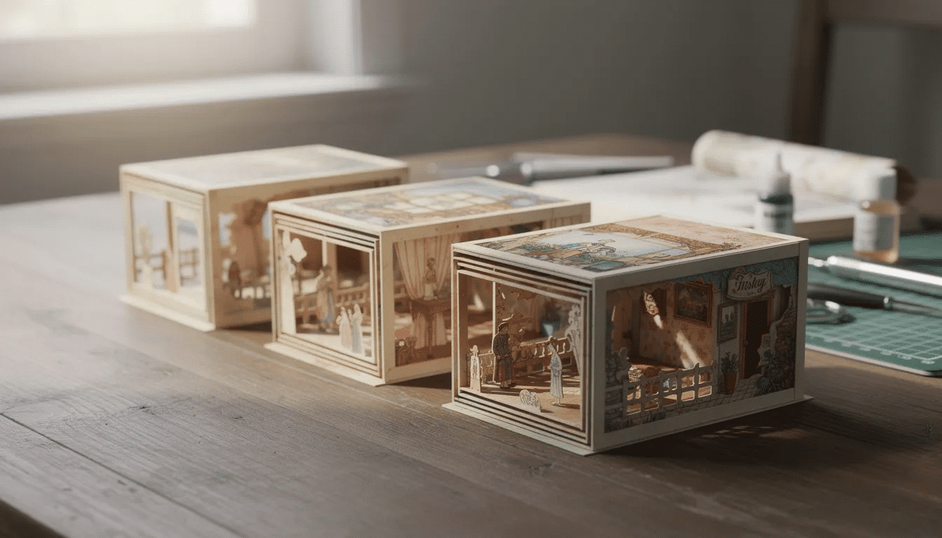 This image showcases a vibrant display of Ensky Paper Theater and layered dioramas featuring intricate paper models of beloved anime characters and buildings perfect for anime fans The kits requiring creativity and precision are designed for easy assembly allowing enthusiasts to explore their love for origami and model making right at their fingertips