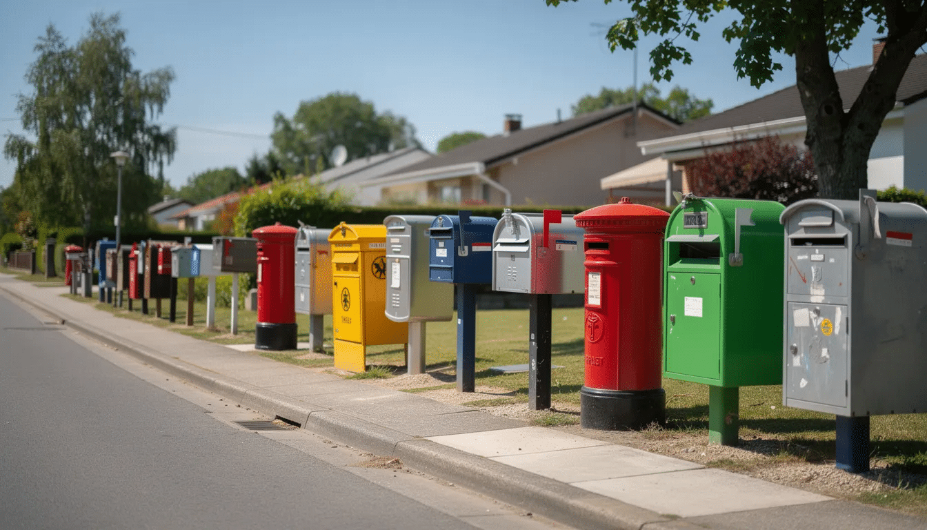 E2d332e2 dccd 40aa 998f 3c4ccd0d90a9 A vibrant row of colorful mailboxes from various countries lines a sunny street showcasing unique designs that reflect local postal services This delightful scene invites you to send postcards write personal messages and connect with friends and family through outgoing mail