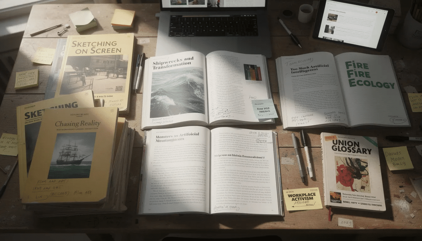 The image depicts a collection of fine art papers showcasing various essays and theoretical texts that explore the evolution of art discourse over the years These papers highlight critical themes in art and media reflecting on how societal concerns influence creative practices and artistic expression