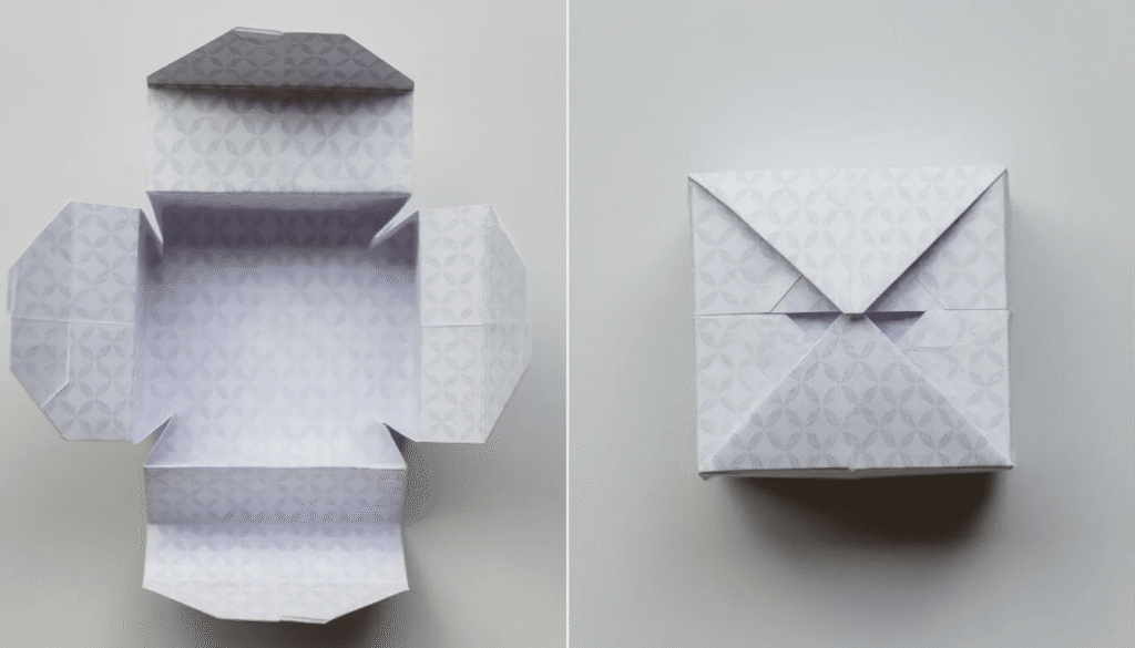 The image features a completed traditional origami box with a lid displayed from above in both open and closed positions The origami gift box showcases a square shape with neatly folded corners highlighting its intricate design and craftsmanship