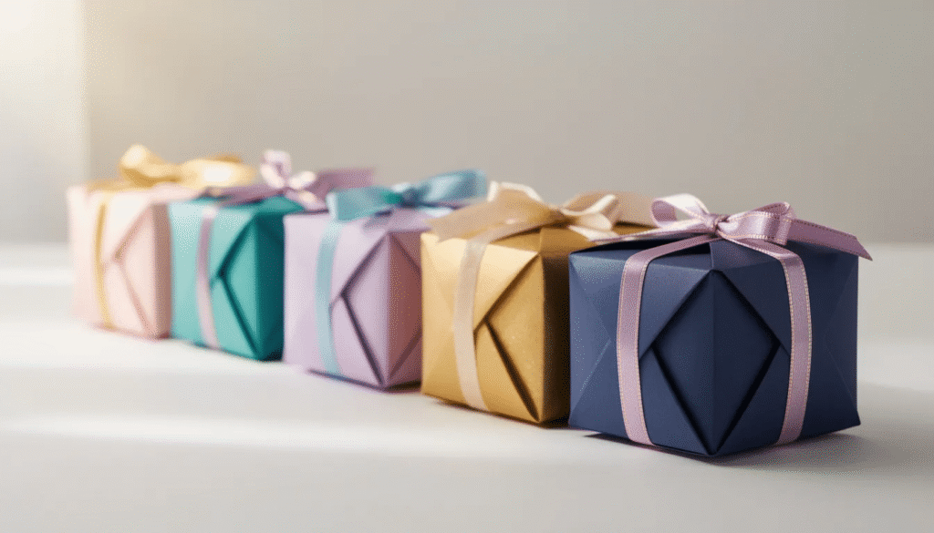 A row of beautifully decorated origami gift boxes in various vibrant colors each featuring elegant ribbon accents and a box lid The traditional origami boxes showcase different sizes and shapes perfect for presenting gifts