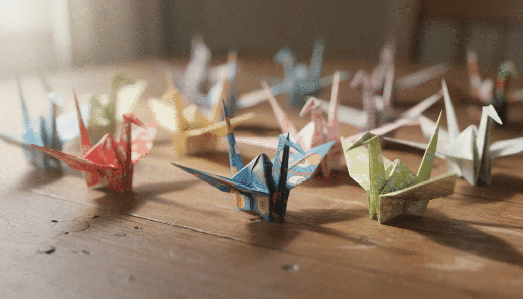 A vibrant collection of origami paper cranes in various colors is neatly arranged on a wooden table showcasing the intricate folds and creativity of the origami club This display highlights the art of origami inviting children and enthusiasts to explore instructions and practice their skills