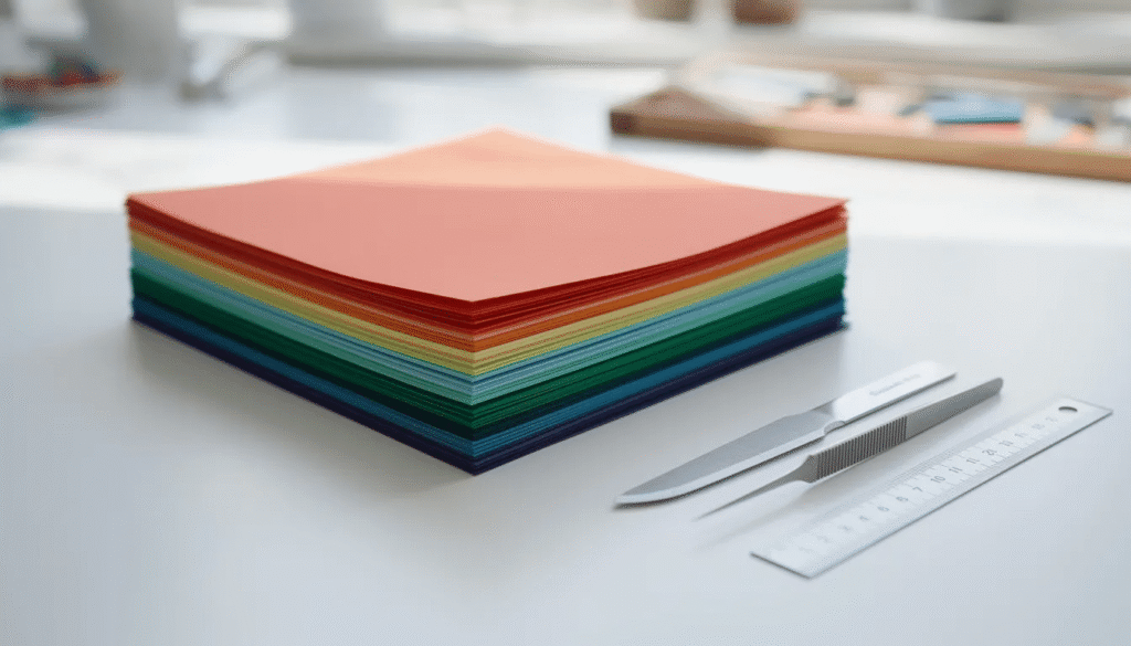 A vibrant stack of origami paper squares in various colors sits beside a set of folding tools inviting children and enthusiasts to practice their skills and create unique designs The scene suggests a planning session for an origami club meeting complete with books and instructions for step by step folds